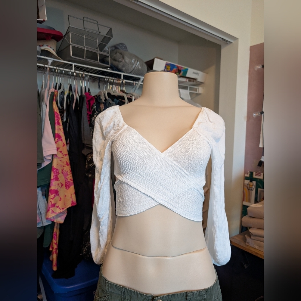 White Criss Cross Crop Top Long Sleeve Blouse Party Club Sexy‎ Womens